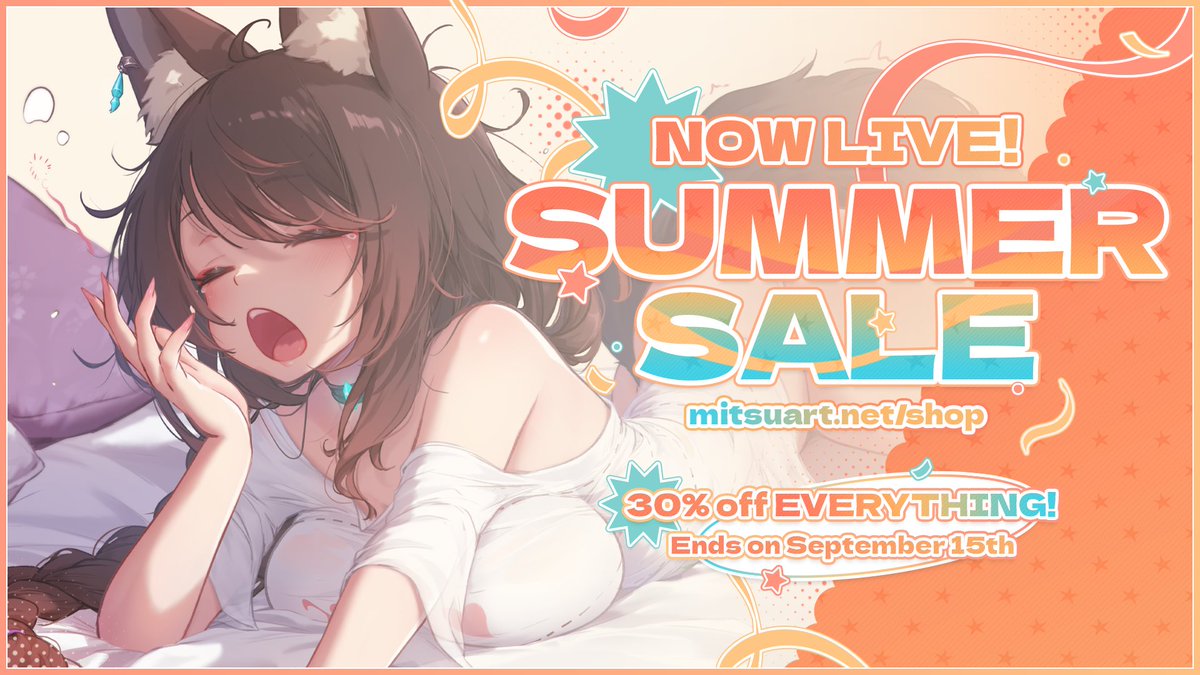 ✨End of Summer Sale ✨
My Summer sales is live right now and lasts until Sept. 15th! 
Get a 30% discount on everything! Digital AND Merch! 
- mitsuart.net/shop -&gt; Auto discount 
- gumroad.com/mitsuartoffici… -&gt; code « Summer »

Some stuff were already out of stock, I decided