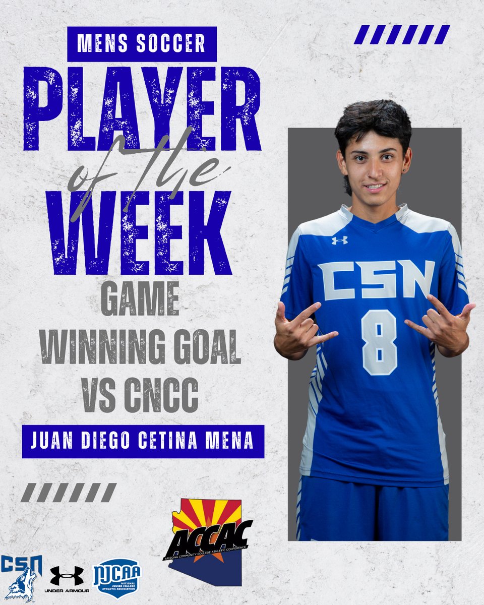 CSN_MSoc's tweet image. The Coyote Family is pumped up to congratulate Juan Diego Cetina Mena on being named the ACCAC D1 Men’s Soccer Player of the Week for Week 1. Cetina-Mena netted a goal &amp;amp; assist vs. TMCC, and sent the home crowd into a frenzy after netting the game-winner vs. CNCC. 
🐺⚽️ #1PACK