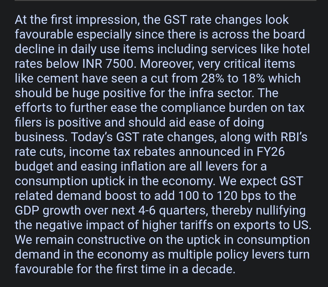 Expect GST related demand boost to add 100 to 120 bps to the GDP growth over next 4-6 quarters, thereby nullifying the negative impact of higher tariffs on exports to US : Elara

#GSTCouncilMeeting #GSTReforms
