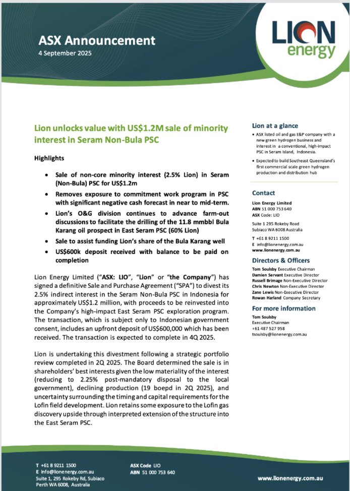 LionEnergyASX's tweet photo. @LionEnergyASX #ASXNews

• $LIO to sell 2.5% interest in Seram (Non-Bula) PSC for US$1.2m (US$600k already received)
• Sale proceeds to assist Lion's funding of #BulaKarang well in East Seram PSC (60% LIO) with farmout discussions underway

🔗: https://t.co/Z86YcueLIE https://t.co/4GiDzRgC4E
