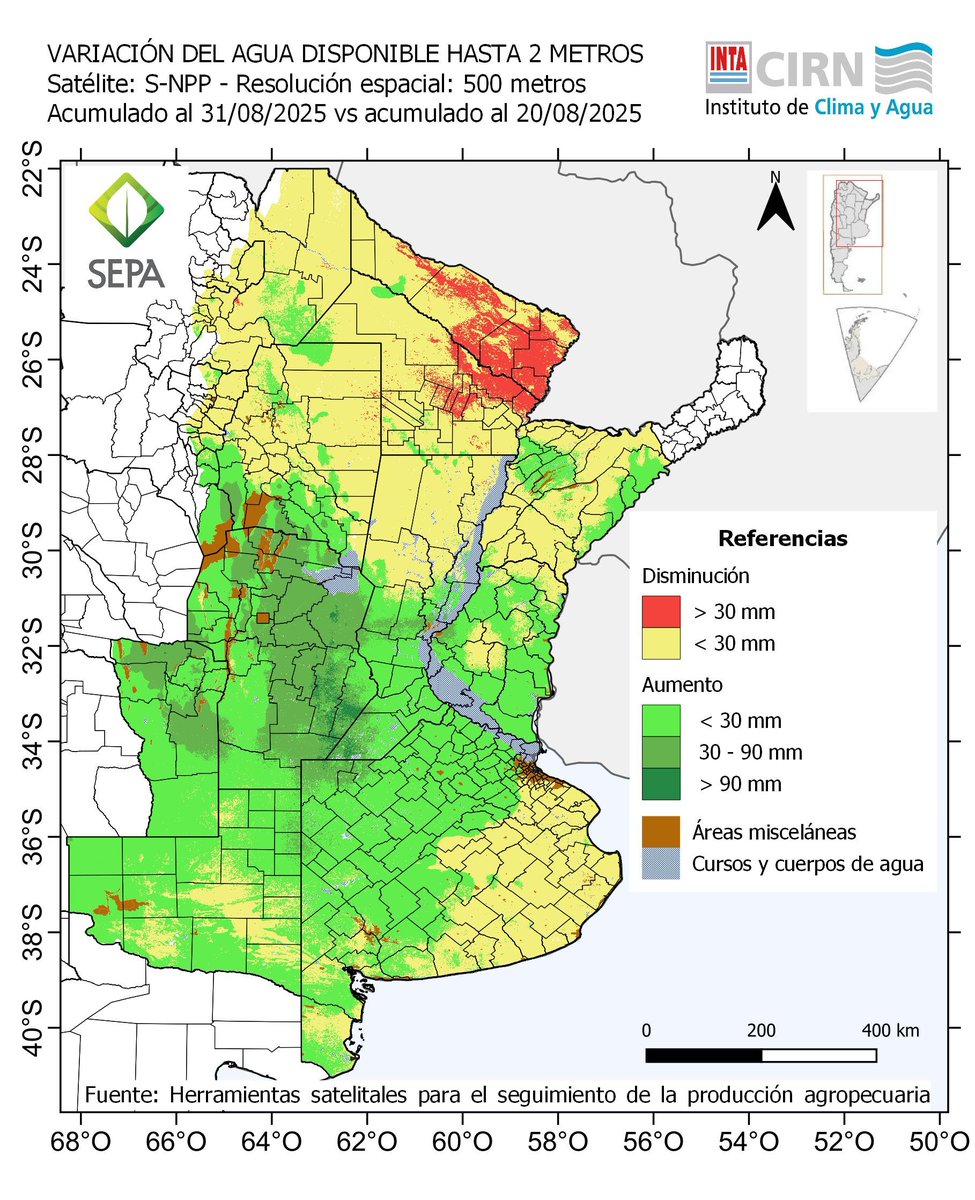 #SEPA <a href="/intaargentina/">INTA</a>
#Agua2m (%y mm)
Full gran parte d la R. Pampeana.
P. interior y Deprimida con zonas inundadas (no simulada)

Mucha agua disponible a lo q se agrega #NapaCerca (no simula este modelo).

Gram cambio d #Agua2m en Cba y San Luis

El Chaco con más heterogeneidad