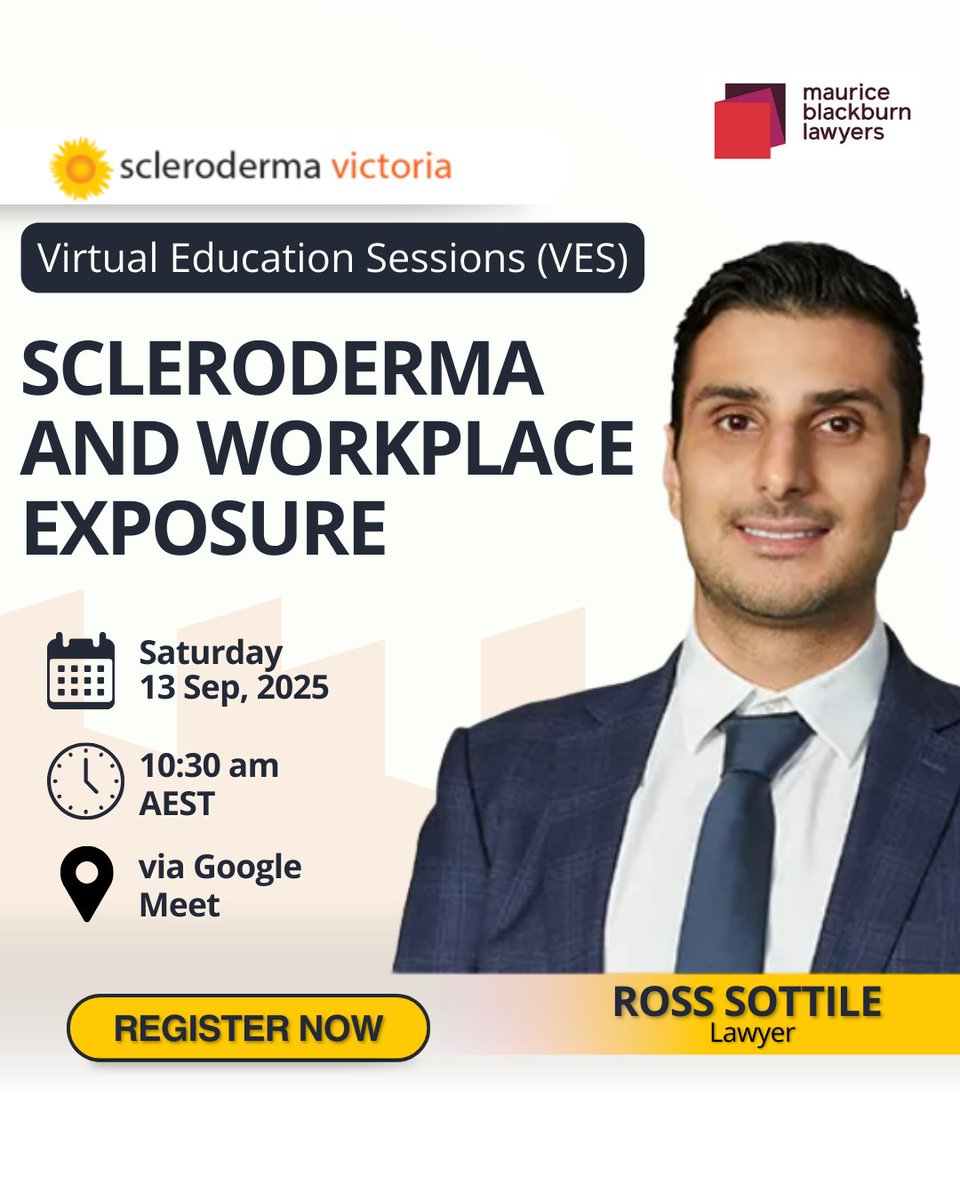 ScleroAus's tweet image. Join us for our September #VirtualEducationSession with guest speaker #RossSottile!

TOPIC: Scleroderma and Workspace Exposure
WHEN: Saturday, 13th September at 10:30 AM AEST
WHERE: Via Google Meet
COST: It&apos;s FREE!
Register today! eventbrite.com/e/scleroderma-…
.
.
#SclerodermaAwareness