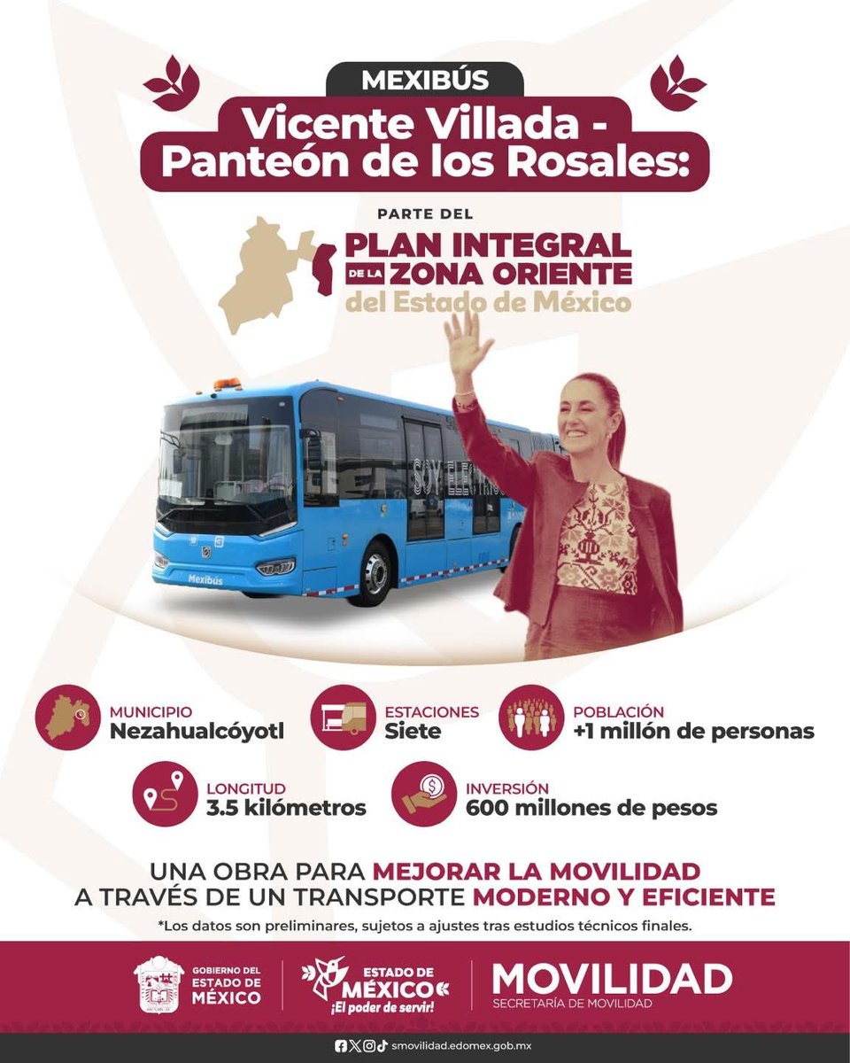 🚧 El #Mexibús Vicente Villada - Panteón de Los Rosales es un paso más hacia la integración del oriente mexiquense.

Este proyecto forma parte del Plan Integral para la Zona Oriente, impulsado por la presidenta <a href="/Claudiashein/">Claudia Sheinbaum Pardo</a> y la gobernadora <a href="/delfinagomeza/">Delfina Gómez A.</a>, con el que se busca