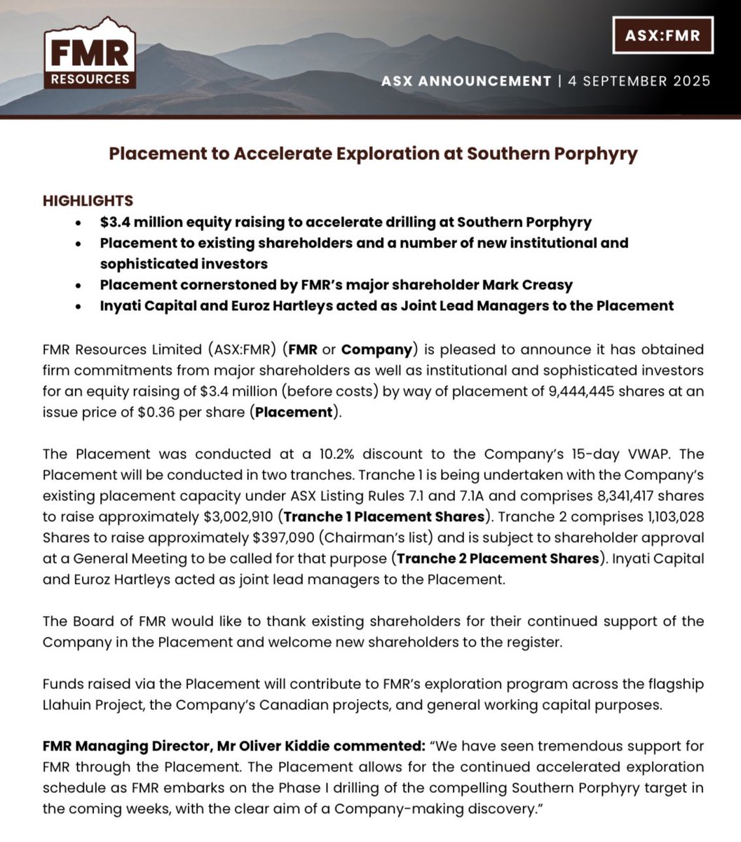 FMR Resources $FMR is pleased to announce the completion of a heavily over subscribed capital raise.

Cornerstoned by major shareholder Mark Creasy and backed by institutional funds, FMR looks forward to drilling our copper porphyry target in the coming weeks.