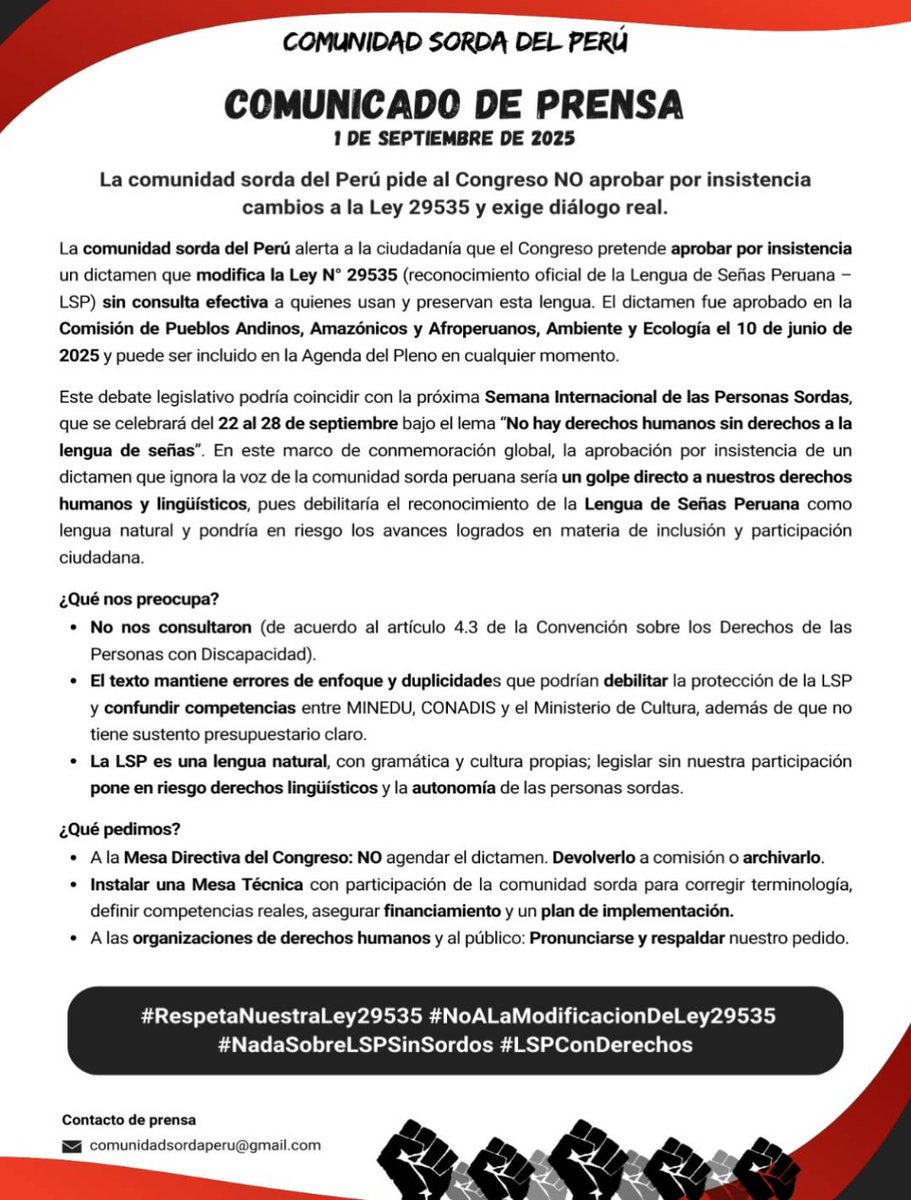 🚨 La Lengua de Señas Peruana está en riesgo.
Congreso busca cambiar la Ley 29535 sin consulta ni diálogo con la comunidad sorda. Organizaciones demandan una Mesa Técnica con participación real para proteger derechos lingüísticos y su autonomía.

#Ley29535 #LenguaDeSeñasPeruana