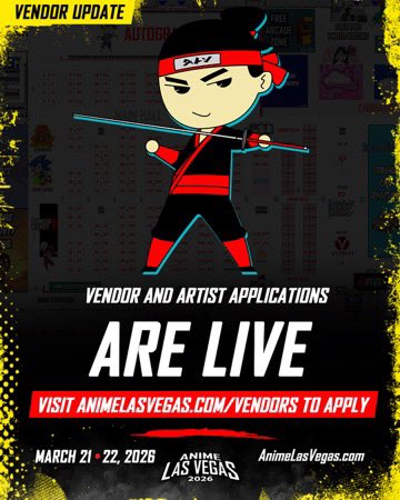🚨 VENDOR UPDATE 🚨
The wait is over—Vendor &amp; Artist Applications for Anime Las Vegas 2026 are NOW LIVE! 🎉

Don’t miss your chance to showcase your art, merch, and creations at one of the biggest anime conventions in Vegas! Spots will fill quickly, so apply today.

✨ Sponsors