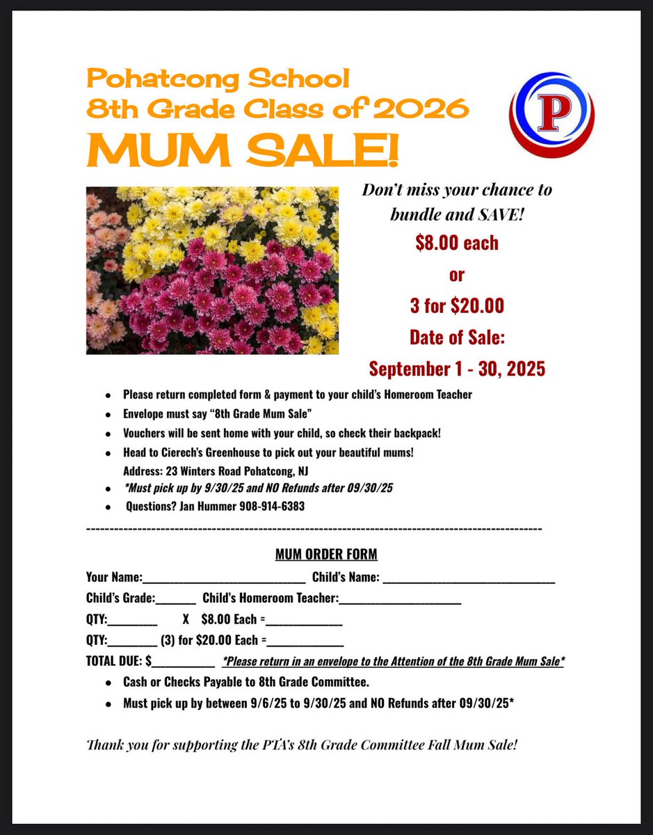🌼 Please consider purchasing some beautiful mums from Cierech’s to support the 8th Grade Class of 2026. The form below should be coming home with your student this week to turn in or you can purchase directly at Back to School Night. Thank you! 🌸