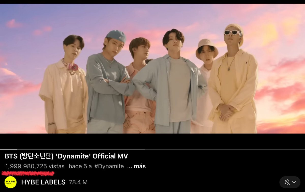 HanaBangtanie's tweet image. ¡Necesitamos solo 19,275 vistas más para que DYNAMITE llegue a 2B en el canal oficial de Hybe Labels en YouTube!

BTS está a punto de ser el primer acto asiático con 2B en YouTube 

FULL STREAM HOY CELEBRAMOS  LOS 2B‼️ 🥳💜😭🎉🧨

#DynamiteTo2B 
#DynamiteTo2BonYT
#ARMYonYoutube