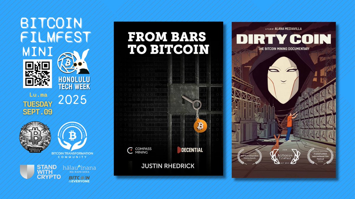 Join us for the 1st ever <a href="/bitcoinfilmfest/">Bitcoin FilmFest 🎞️ 🐇</a> Mini with <a href="/BTCTC1sat/">₿itcoin Transformation Community</a> during Honolulu Tech Week!

Bitcoin FilmFest Mini
📅Tues. 09/09
🐰lu.ma/c9zea0nf
🎞️"From Bars To Bitcoin"
🎞️"Dirty Coin"

Panels &amp; discussions w/ @bitcoin_vegan, <a href="/cjthesmartguy/">Charles J. Kelly, CPA (CJ)</a>, <a href="/bitcoinjill/">Jill Ford</a> &amp; <a href="/Britney_TM/">Britney 🍊🐝</a>.