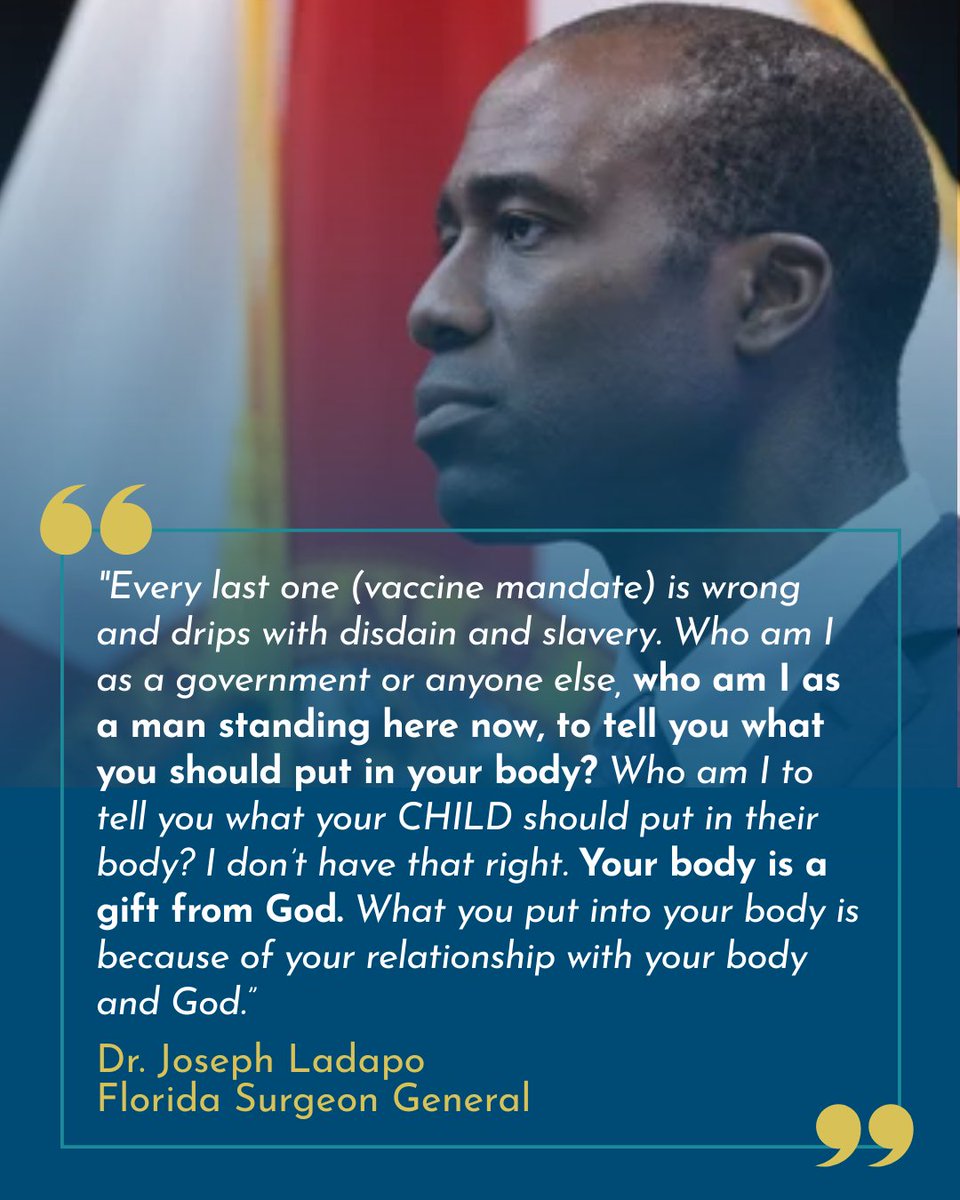 "Your body is a gift from God." 🙌

Florida Surgeon General Dr. Joseph Ladapo speaks truth to power, reminding us that no government has the right to dictate what you or your children must put in your bodies.

At today’s press conference in Tallahassee, Dr. Ladapo stood firm for