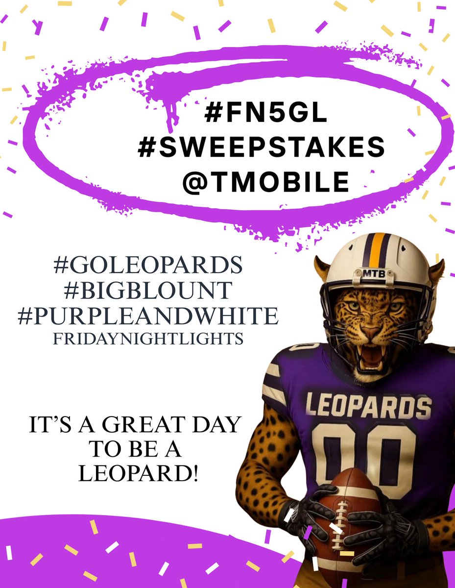 Hey Leopard Fans, we’re trying to bring home another 5K by participating in the T-Mobile Friday Night 5G Lights 5K Giveaway! Help us out! 

Share this to your page and repost the flyer using the hashtags #FN5GL #sweepstakes and @tmobile!