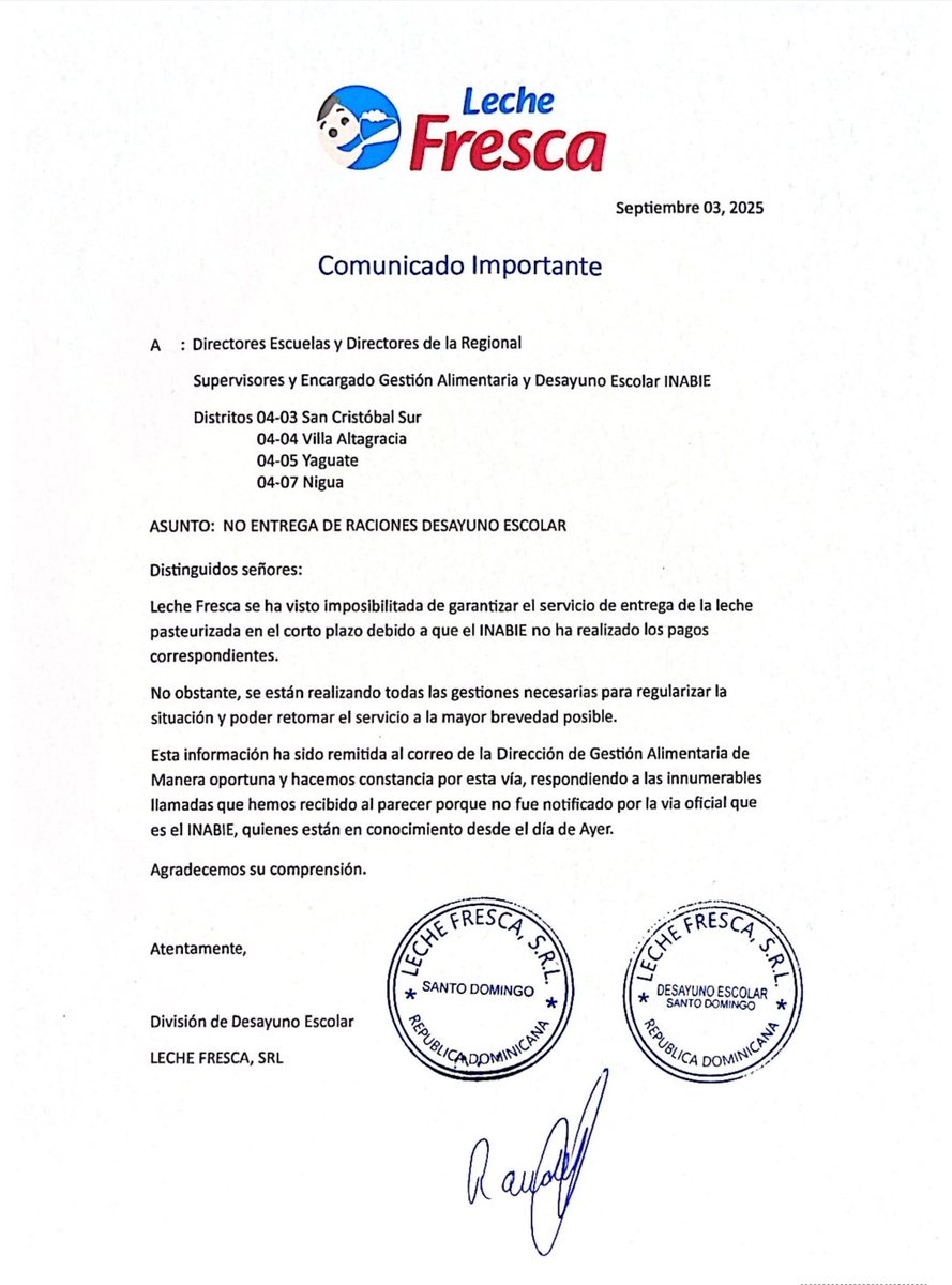 Delvys Lanfranco (@delvyslanfranco) on Twitter photo Atención pais,
Leche Fresca informa que paralizó la entrega de leche en 4 distrito escolar, para el desayuno escolar por falta de pago.
¿Que dices el <a href="/INABIERD/">Instituto Nacional de Bienestar Estudiantil</a> ? Atención pais,
Leche Fresca informa que paralizó la entrega de leche en 4 distrito escolar, para el desayuno escolar por falta de pago.
¿Que dices el <a href="/INABIERD/">Instituto Nacional de Bienestar Estudiantil</a> ?