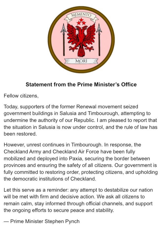 Statement from the Prime Minister’s Office. #Checkland #Micronation
