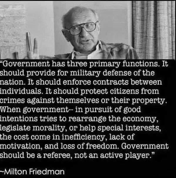 Milton Friedman wearing glasses and a jacket, sitting indoors. Text overlay quotes his statement about government functions, including military defense, contract enforcement, and property protection, ending with his name.