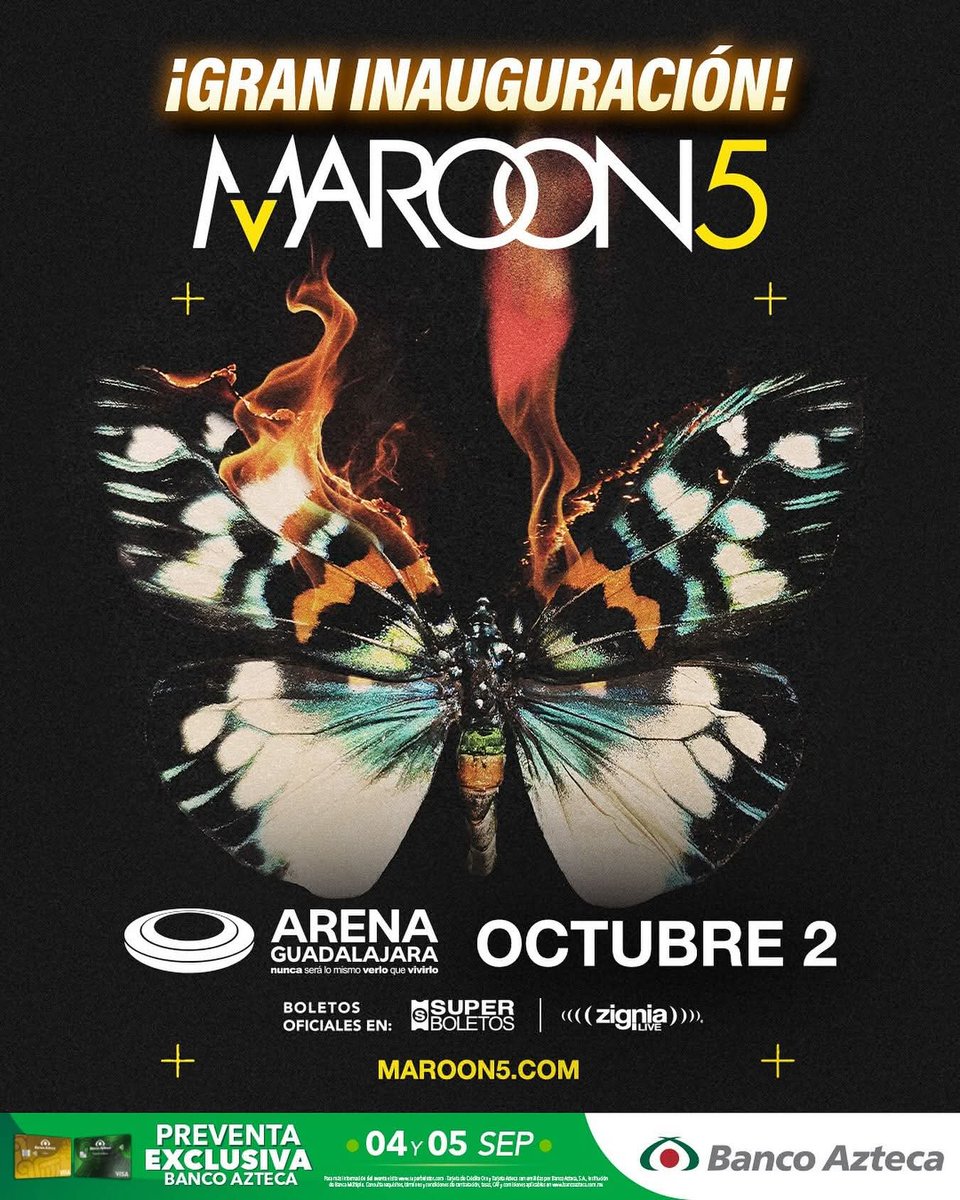 🎶✨ ¡El estreno de la <a href="/ArenaGdlMx/">Arena Guadalajara</a> no podía ser mejor! ✨🎶
<a href="/maroon5/">Maroon 5</a> será la banda encargada de inaugurar este escenario tan esperado con un concierto inolvidable. 😍🔥

📅 02 de octubre
🎟 Boletos disponibles en Superboletos
💳 Preventa Banco Azteca: 04 y 05 de septiembre

Un