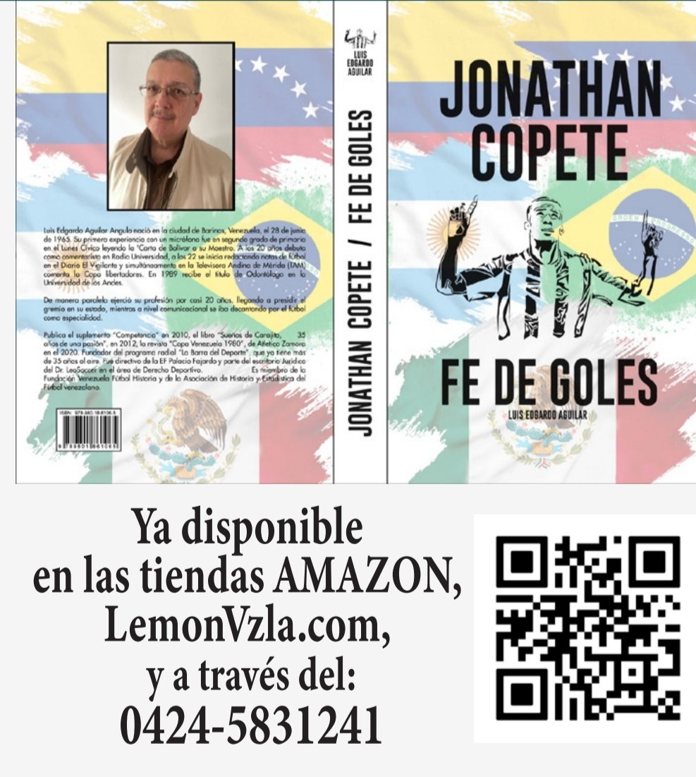 Adquiere "Jonathan Copete Fe de goles", en cualquiera de sus versiones:
Amazon 
1. EBook 10$
2. Tapa blanda 20$
3. Tapa dura 30$

Lemon Book and Cofee
Tapa blanda BN 20$

0424 5831241
Tapa blanda BN 20$
Tapa dura A Color 30$