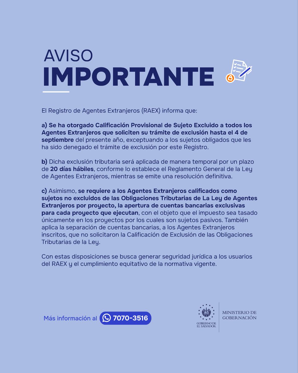 📢 AVISO IMPORTANTE

➡️ #RAEX informa las disposiciones relacionadas con la calificación provisional y las obligaciones tributarias de los Agentes Extranjeros.

Más detalles en el siguiente aviso.

#LeyDeAgentesExtranjeros