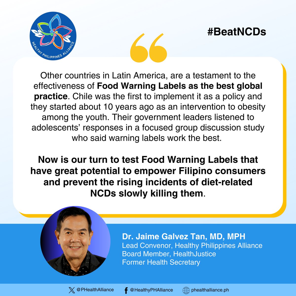 Sinimulan ng Chile 10 taon na nakalipas. Pilipinas, tayo naman! Suportahan maging batas ang food warning labels! #DapatMayBabala #DapatMayLabel #BeatNCDs #ActOnNCDs #LeadOnNCDs #ObesityAwarenessWeek #HLM4

Read more here: phealthalliance.ph/2025/08/12/sws…