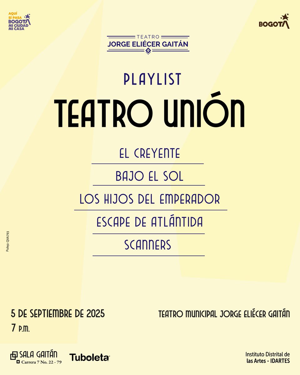 TeatroJEG's tweet photo. 🎶Teatro Unión llega con distorsión, crítica y ritmo para esta #TemporadaDeMúsica en el Teatro Jorge Eliécer Gaitán de Bogotá.

📆viernes 5 de septiembre
⏰ 7 p.m.
📍 Sala Gaitán – Teatro Jorge Eliécer Gaitán
🎟️ Entradas disponibles: https://t.co/r2w6Nva4Bi

#AquíSíPasa https://t.co/TWI6BoHZSa
