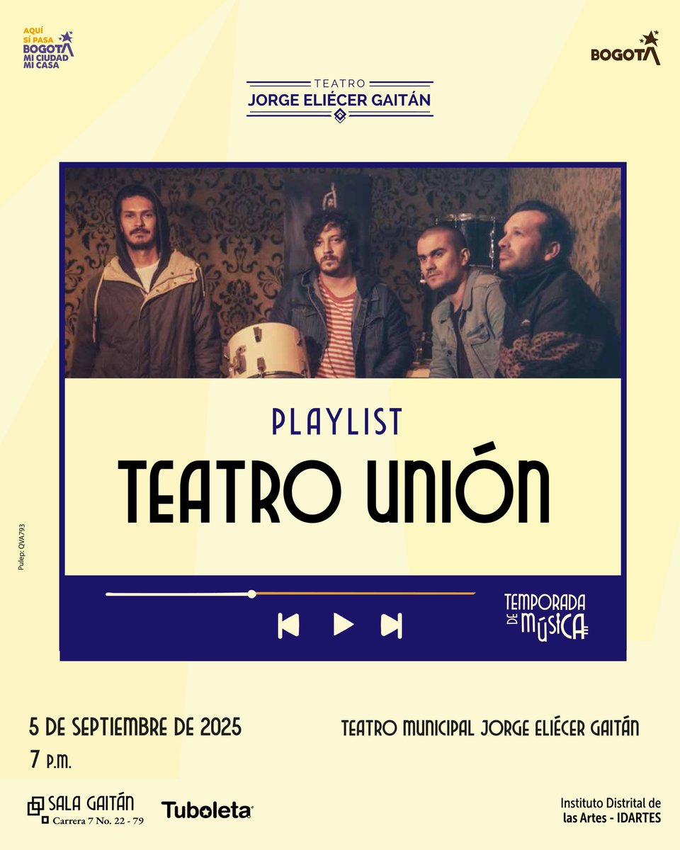 TeatroJEG's tweet photo. 🎶Teatro Unión llega con distorsión, crítica y ritmo para esta #TemporadaDeMúsica en el Teatro Jorge Eliécer Gaitán de Bogotá.

📆viernes 5 de septiembre
⏰ 7 p.m.
📍 Sala Gaitán – Teatro Jorge Eliécer Gaitán
🎟️ Entradas disponibles: https://t.co/r2w6Nva4Bi

#AquíSíPasa https://t.co/TWI6BoHZSa