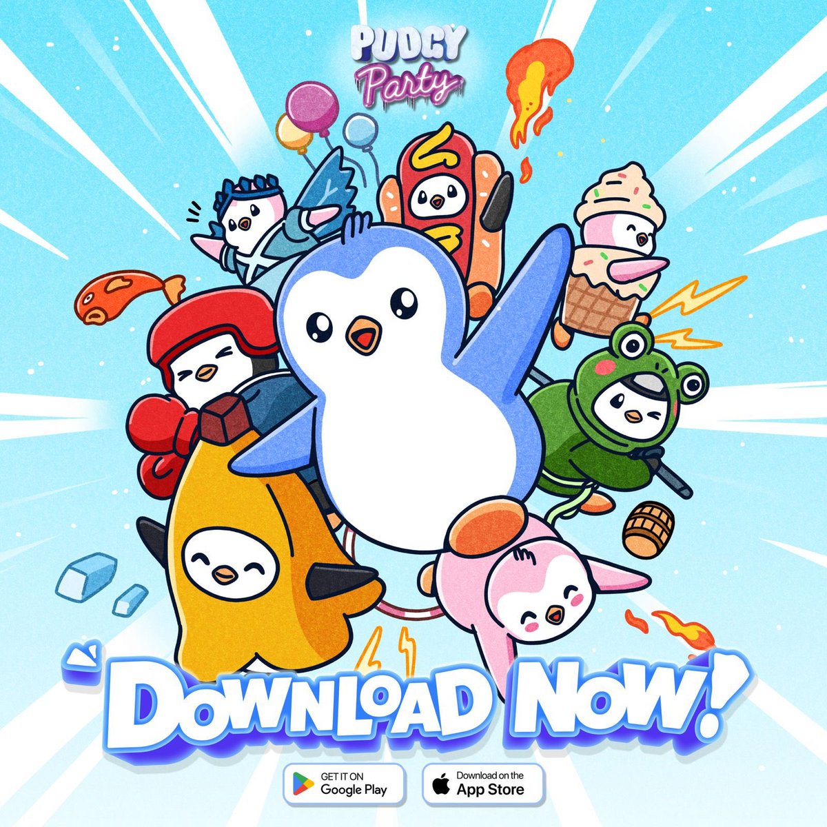 Pudgy Party 홍보 이미지: 다채로운 의상을 입은 펭귄들이 Google Play 및 App Store 다운로드 버튼과 함께 등장