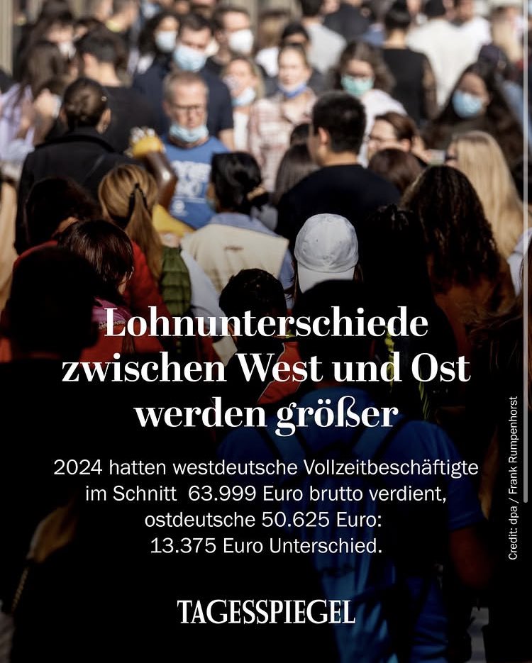 In Ostdeutschland liegt der durchschnittliche Bruttolohn 21% unter dem im Westen. Diese Lücke wird momentan wieder größer, berichtet der <a href="/Tagesspiegel/">Tagesspiegel</a>. #Ungleichheit