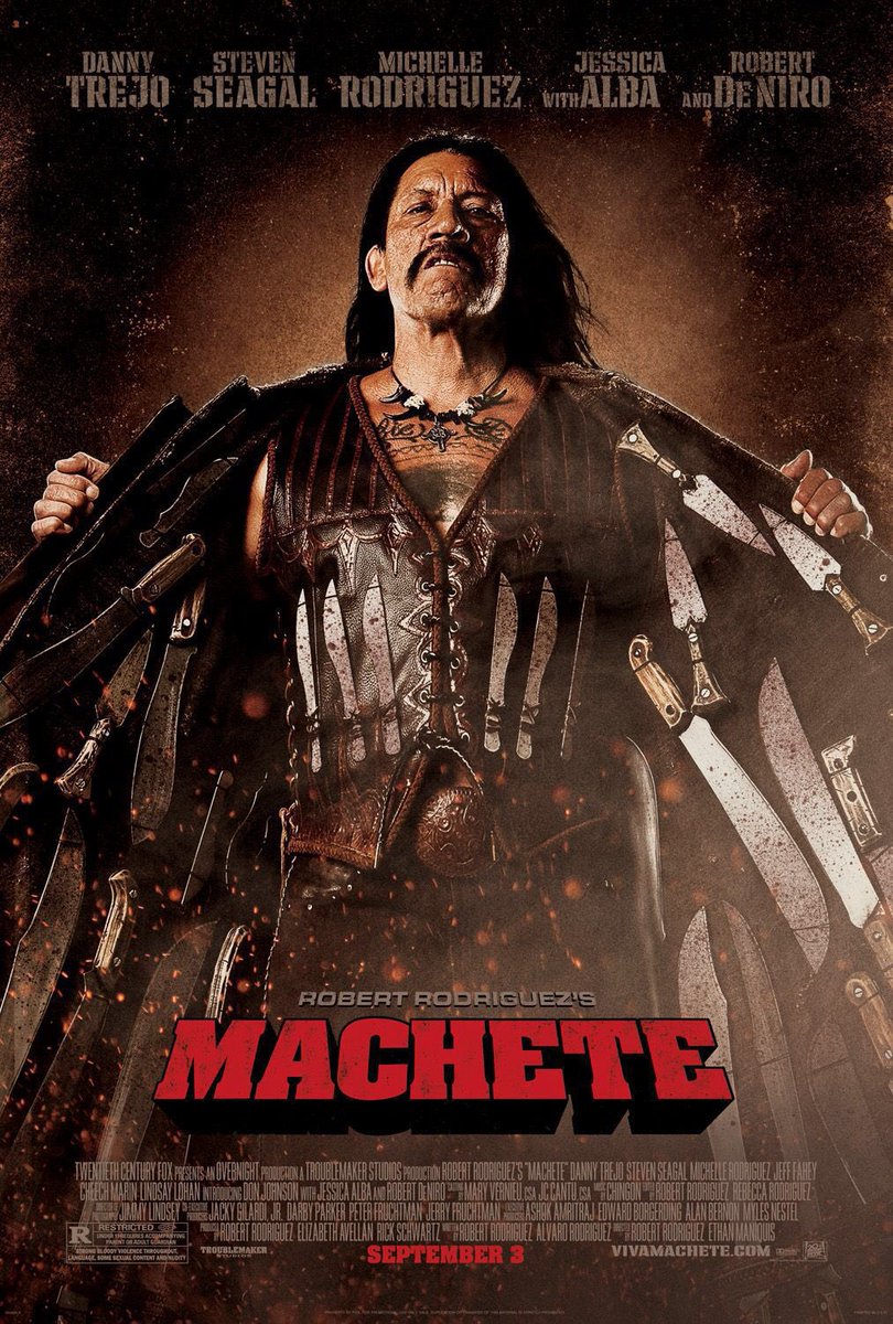 FilmNewsNos's tweet photo. 🎬MOVIE HISTORY: 15 years ago today, September 3, 2010, the movie ‘Machete’ opened in theaters!

#DannyTrejo #MichelleRodriguez #RobertDeNiro #JessicaAlba #JeffFahey #CheechMarin #DonJohnson @lindsaylohan #SheaWhigham #DarylSabara #GilbertTrejo #AraCeli @THETomSavini #BillyBlair https://t.co/exn9PshfYh