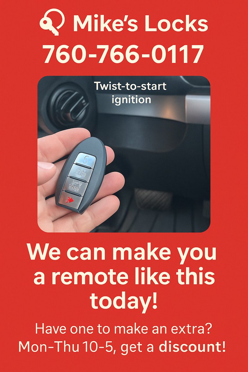 LocksMikes's tweet image. Upgrade or Replace Your 2012 Nissan Remote Today! We just completed a Twist-to-Start  Remote for a 2012 Nissan. This unique system lets you either: 📞 Call/Text: 760-766-0117 – High Desert’s trusted auto locksmith  #NISSAN #PushToStart #VictorvilleLocksmith
