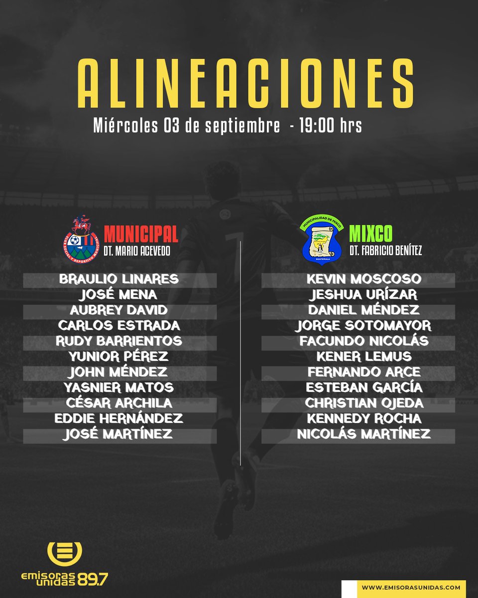 #Apertura2025 | 👥 Alineaciones de Municipal 😈 y Mixco 🐷 por la jornada 8 del Apertura 2025.

Siga la transmisión en nuestra radio en línea 🎙️📻📱👉 goo.su/EeW2A2A