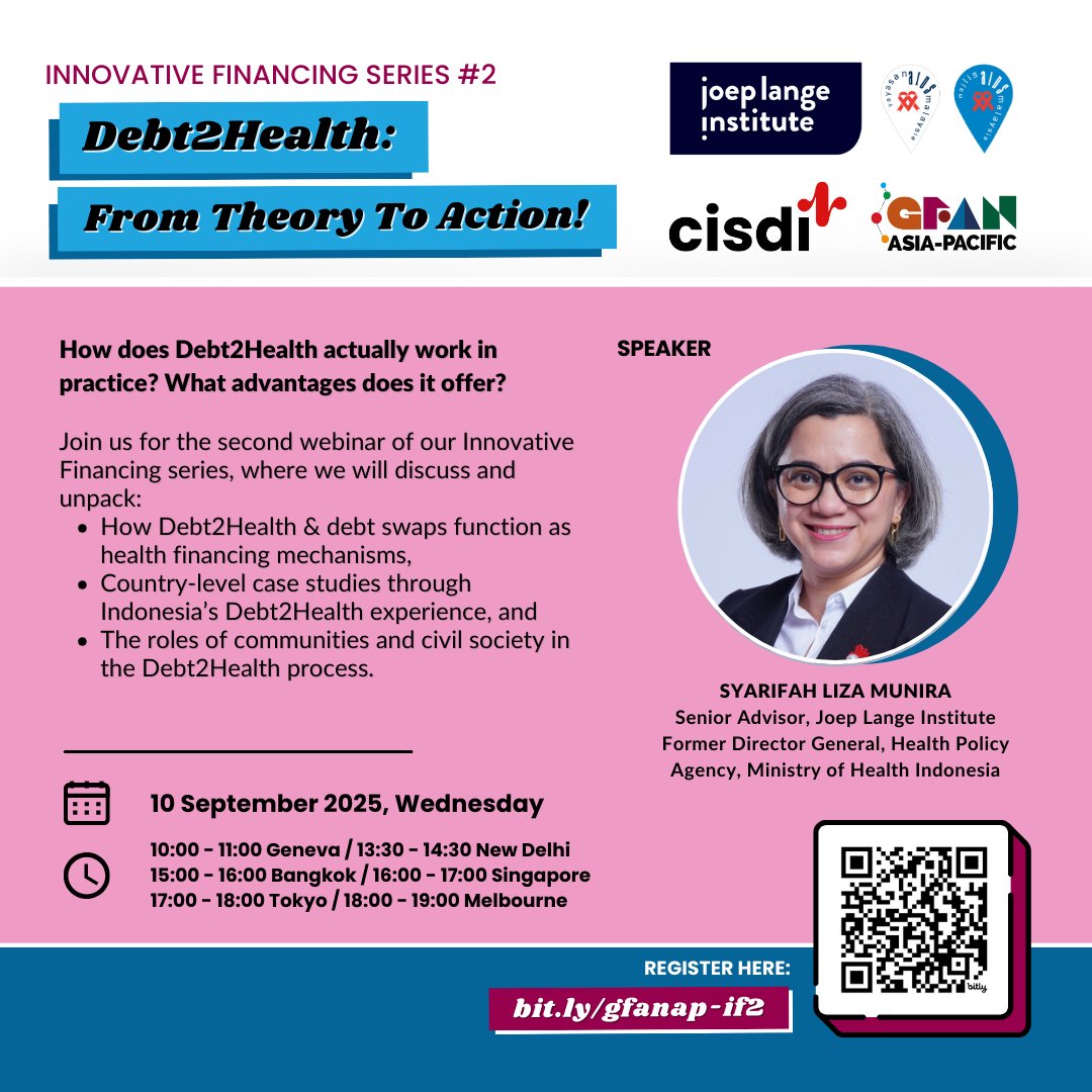 📢Join us for the next webinar in our #InnovativeFinancing series, as we unpack #Debt2Health &amp; #DebtSwaps with <a href="/sylimun/">Dr Liza Munira</a> 

🤝Co-organised with <a href="/JoepLangeInst/">Joep Lange Institute</a> <a href="/myAIDScouncil/">Malaysian AIDS Council</a> <a href="/yayasanaidsMY/">Malaysian AIDS Foundation</a> <a href="/CISDI_ID/">CISDI #SehatAdilSetara</a> 

📆10 Sep 2025 (Wed) 
🕑15:00-16:00 GMT+7
🔗bit.ly/gfanap-if2