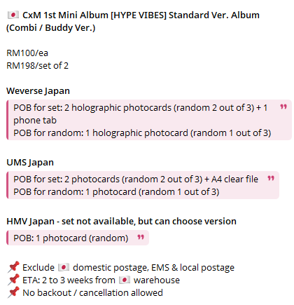 SeesawCart02's tweet photo. [WTS/PO🇯🇵] CxM 1st Mini Album [HYPE VIBES] Std Ver. Album - from WVSJP / UMSJP / HMVJP
RM100/ea for random, RM198/set of 2
Order close: 26/9/2025, 6pm
DM me to buy 😃

#pasarseventeenmy #seventeen #CxM 
Please help rt tq @PasarSeventeen @SVTTRADINGMY https://t.co/kEAvOID4U3