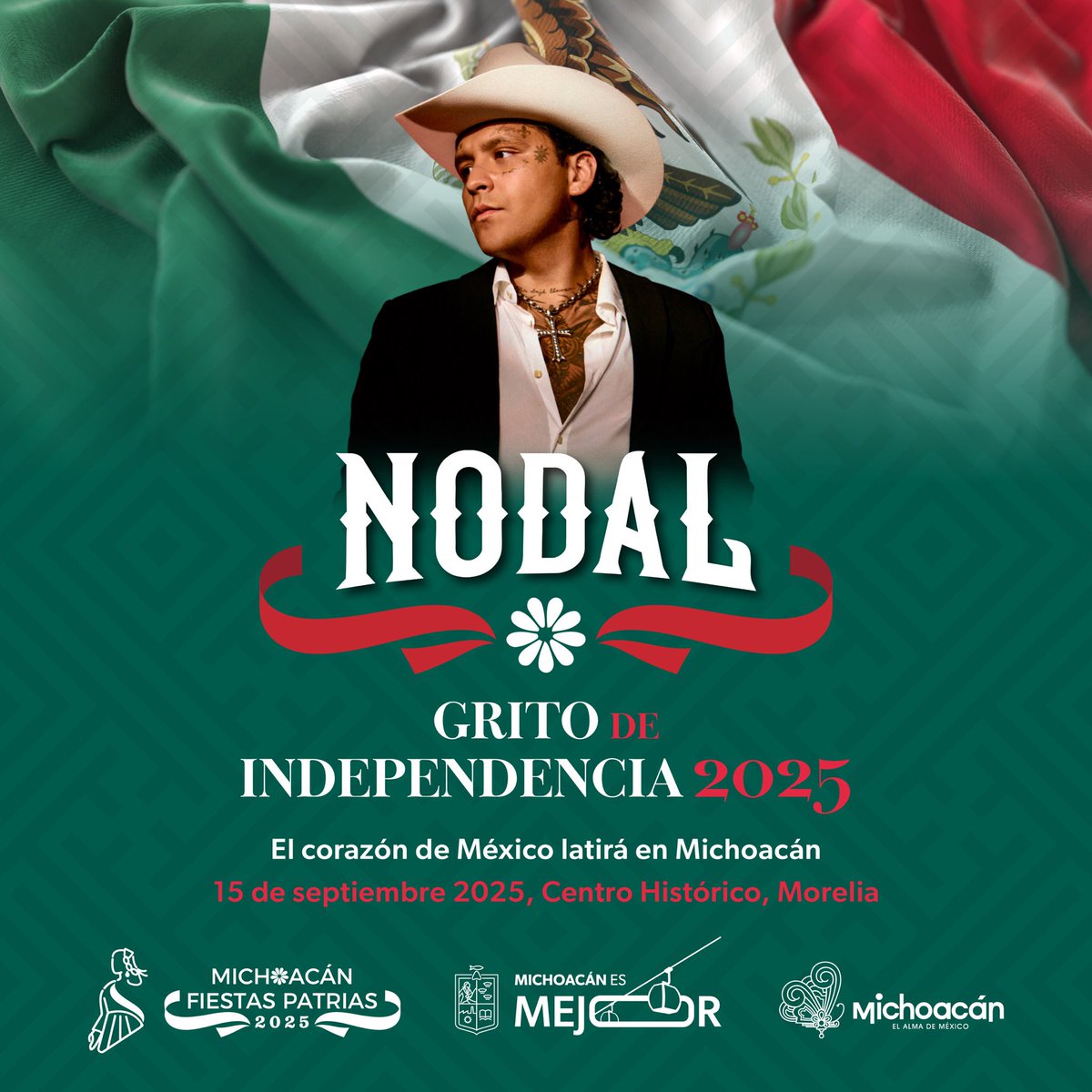 El corazón de México latirá en #Michoacán con la voz y talento de Christian Nodal. Nos vemos este 15 de septiembre en el centro histórico de Morelia. 🤠🇲🇽💚🌵