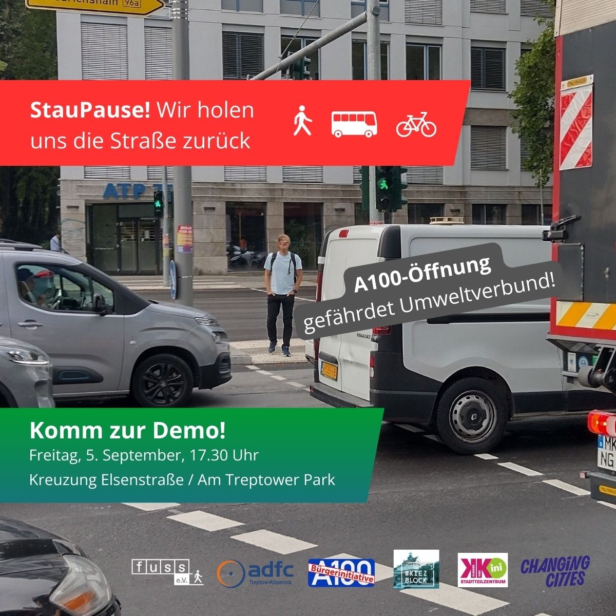 Fussgängerdemo an der Autobahnabfahrt
StauPause! Wir holen uns ein Stück Straße zurück!
➡️ Fr, 5.9.25 | 17:30 – 18 Uhr
➡️ Kreuzung Elsenstr./Am Treptower Park
Seit Öffnung des 16. Abschnitts der #A100 versinkt Nord-Treptow im Chaos. Schließt ihn wieder!
bi-a100.de/staupause-wir-…