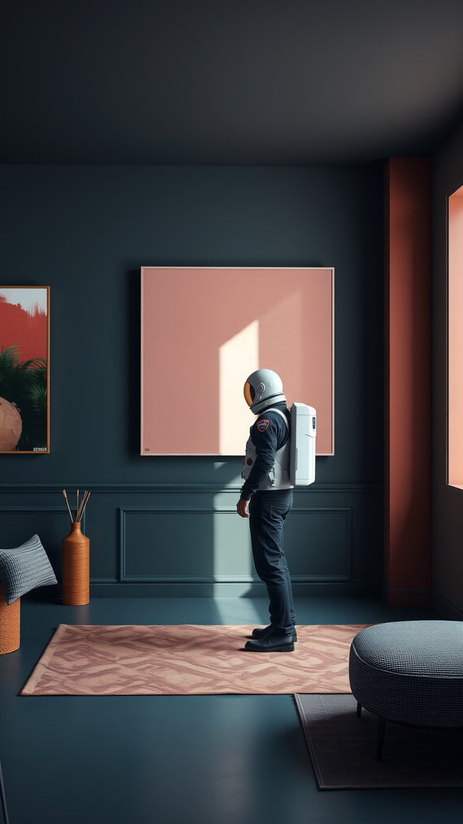 Artistic image of an astronaut gazing at a blank pink canvas in a modern room