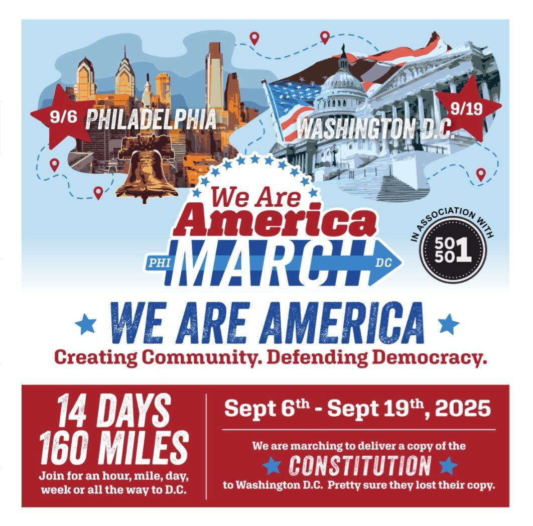 GmaP83's tweet image. Starting on Saturday, regular Americans are marching 160 miles from Philadelphia to DC with a copy of the Constitution to deliver the people’s voice to Congress. Join up along the way for community events, mutual aid projects, family BBQs #MarchForDemocracy