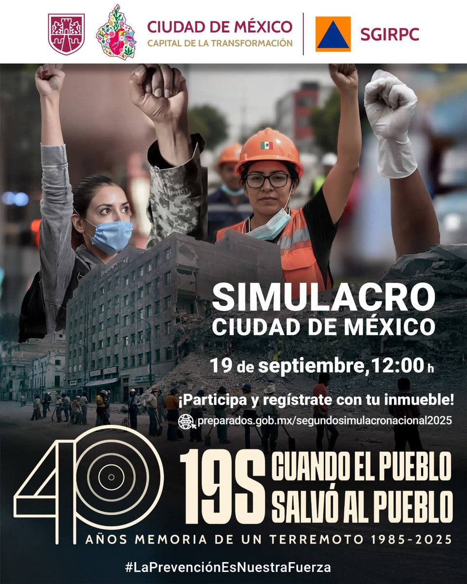🌎 ¡Este 19 de septiembre a las 12:00 h, únete al #SegundoSimulacroNacional2025!

📢 Se activará la #AlertaSísmica en la CDMX.

🏠 Registra tu inmueble en: simulacronacional.sspc.gob.mx/segundosimulac…

🫶 Recordamos a las víctimas de 1985 y 2017, y construimos una ciudad más preparada.