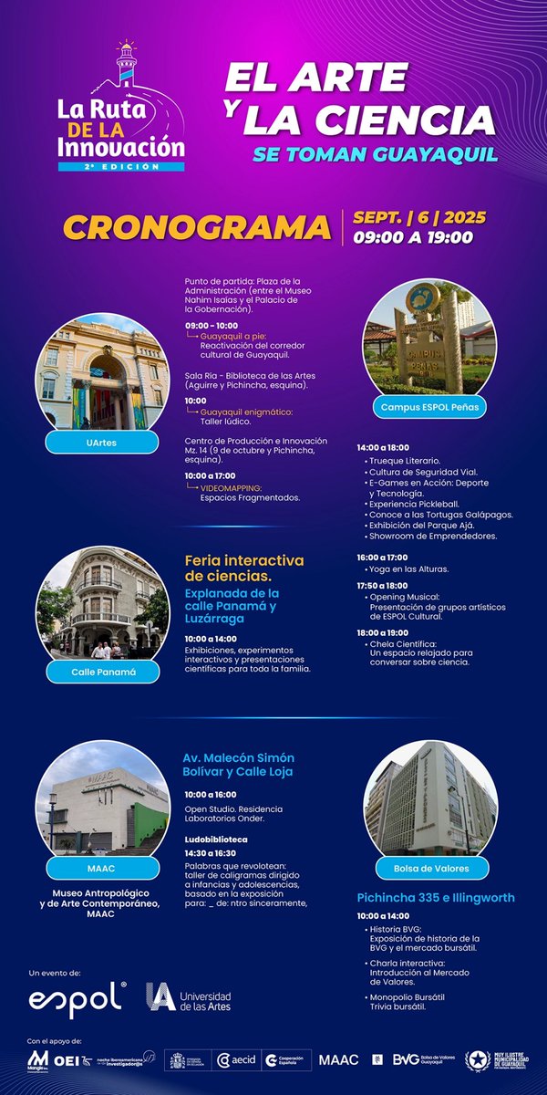 No te pierdas este gran programa que <a href="/espol/">ESPOL</a> y <a href="/uartesec/">UArtes</a> han preparado con mucho amor para ti y tú familia. Nos tomamos el centro de Guayaquil con Arte, Ciencia, Cultura y Tecnología. 7 localidades diferentes. Consulta los horarios y planifica tú recorrido. Diversión garantizada.