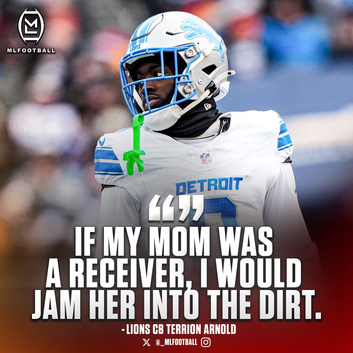 TRENDING: Detroit #Lions cornerback Terrion Arnold said that if his mother were a receiver, he would dominate her.
 
“If my mom was a receiver, I would jam her into the dirt.”

Arnold does not care who is lining up across him, he wants to lock them down.

😳😳😳