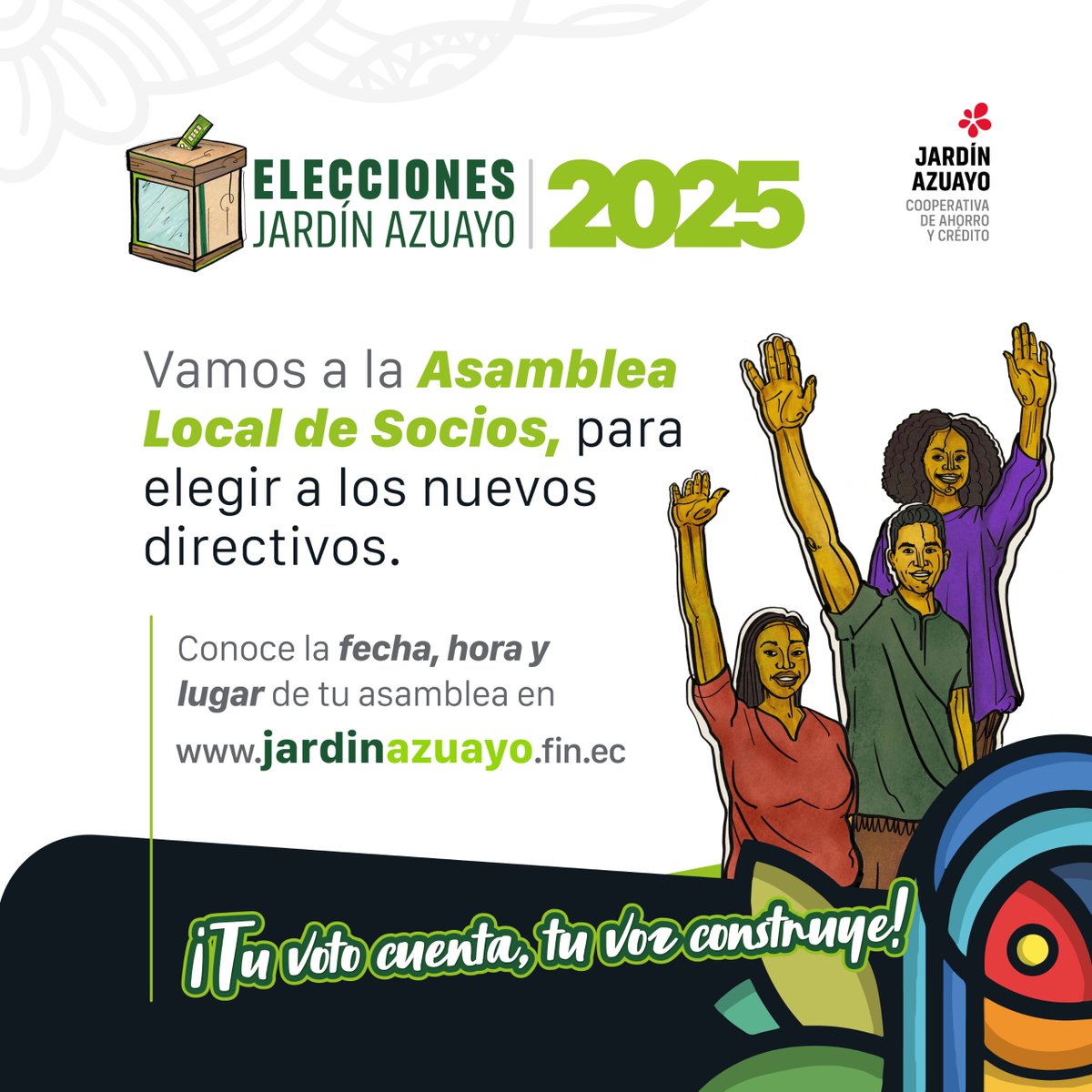 🗳️¡Vamos a las Asambleas Locales de Socios de Jardín Azuayo! 🗳️

Este es un espacio de gran importancia porque elegir a los nuevos directivos 🙋🏼‍♀️🙋🏼

Consulta la fecha, hora y lugar de tu asamblea en: 👉jardinazuayo.fin.ec/asambleas-loca…

¡Tu voto cuenta, tu voz construye! 🤝