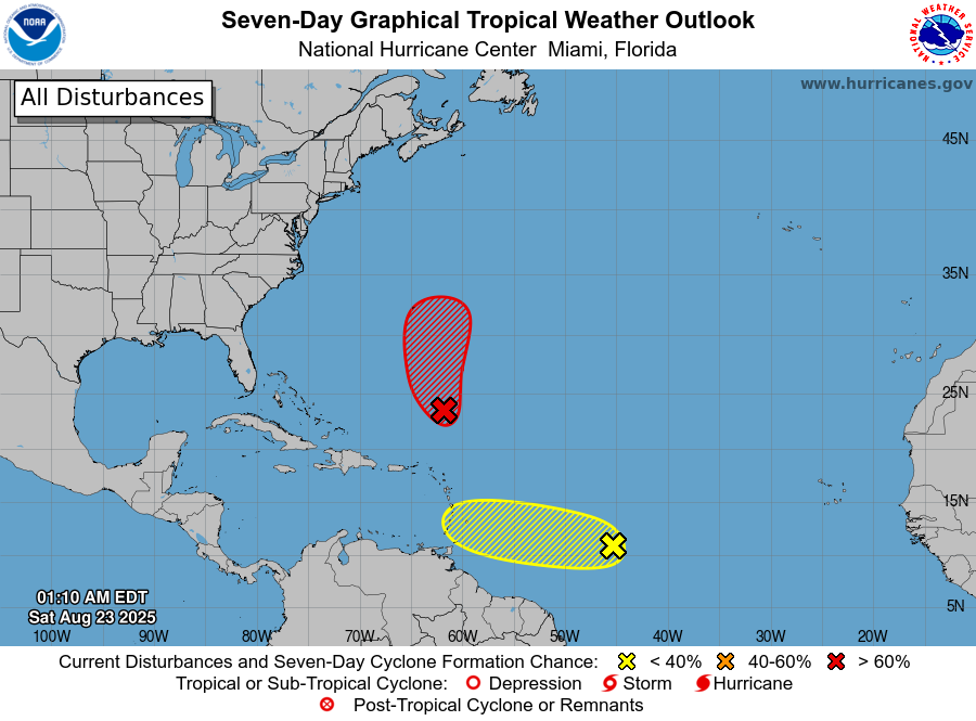 NHC_Atlantic's tweet photo. 2am 8/23: The system well SSE of #Bermuda (#AL90) is expected to develop this weekend. There is also a low chance of formation with the system located over 1,000 miles east of the Windward Islands (#AL99). More info: https://t.co/tW4KeGdBFb https://t.co/1Uan9SzCnw