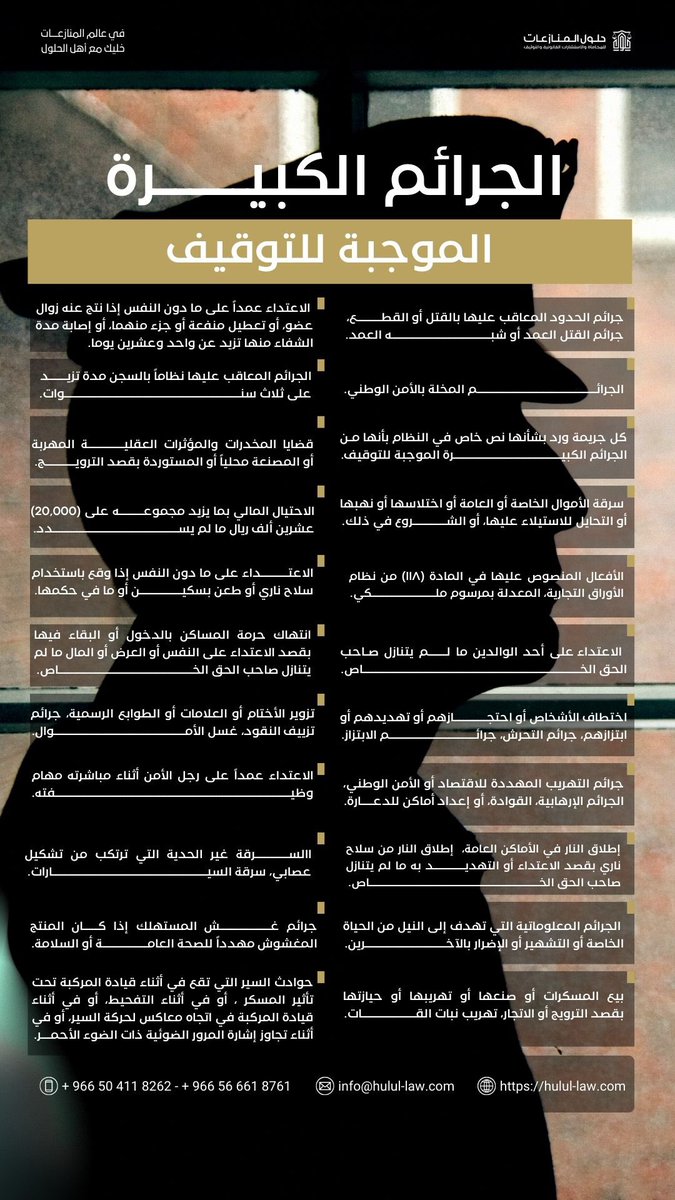 الجرائم الموجبة للتوقيف هي الجرائم التي يرى المنظّم خطورتها بحيث تستدعي حجز المتهم احتياطيًا وعدم إخلاء سبيله حتى انتهاء الإجراءات. 

وقد حصر النظام هذه الجرائم على سبيل التحديد، بما يضمن وضوحها ويمنع التوسع فيها.