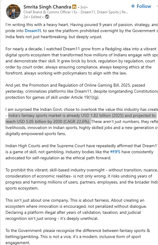 Gaming ban will cause PE firms like Tiger Global, Kalaari etc to suffer heavy losses. They invested $2Bn in Dream11, Nazara, Zupee, MPL, Games24x7 in anticipation that the fantasy sports market would grow to $5.05 Bn by 2030 (CAGR 22.6%). However, the investment will be w/off now