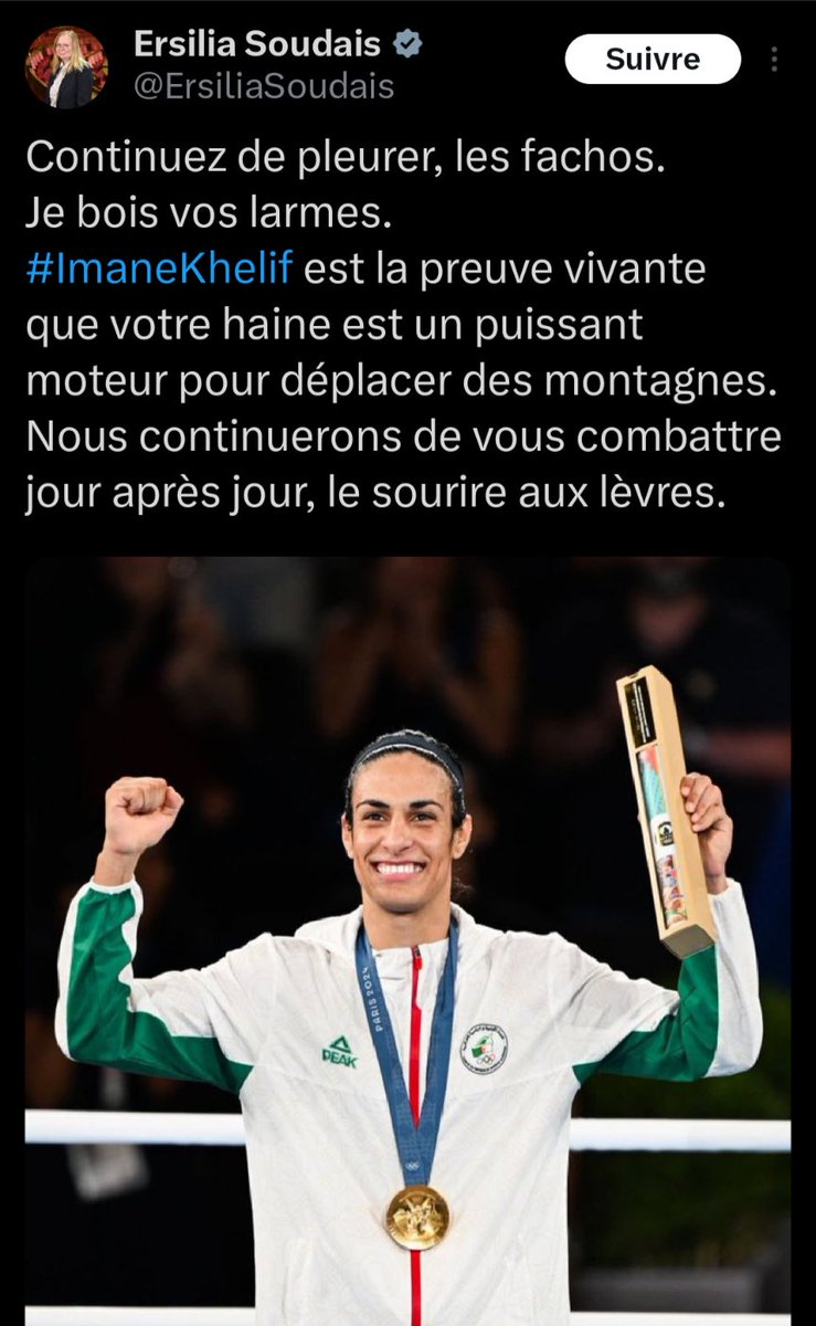 Oups 🫧🐟🌬️ 🔆 (@bascopensardine) on Twitter photo <a href="/veroniquegenest/">Véronique Genest 🇫🇷</a> Cette bécasse croit "boire des larmes des fachos"
C'est nous qui buvons des larmes de conne inculte et d'une débilité stratosphérique.
Son tweet ci-dessous révèle toute la puissance de son talent maintenant que #ImaneKhelif s'avère bien être un homme.
"La preuve vivante"... <a href="/veroniquegenest/">Véronique Genest 🇫🇷</a> Cette bécasse croit "boire des larmes des fachos"
C'est nous qui buvons des larmes de conne inculte et d'une débilité stratosphérique.
Son tweet ci-dessous révèle toute la puissance de son talent maintenant que #ImaneKhelif s'avère bien être un homme.
"La preuve vivante"...