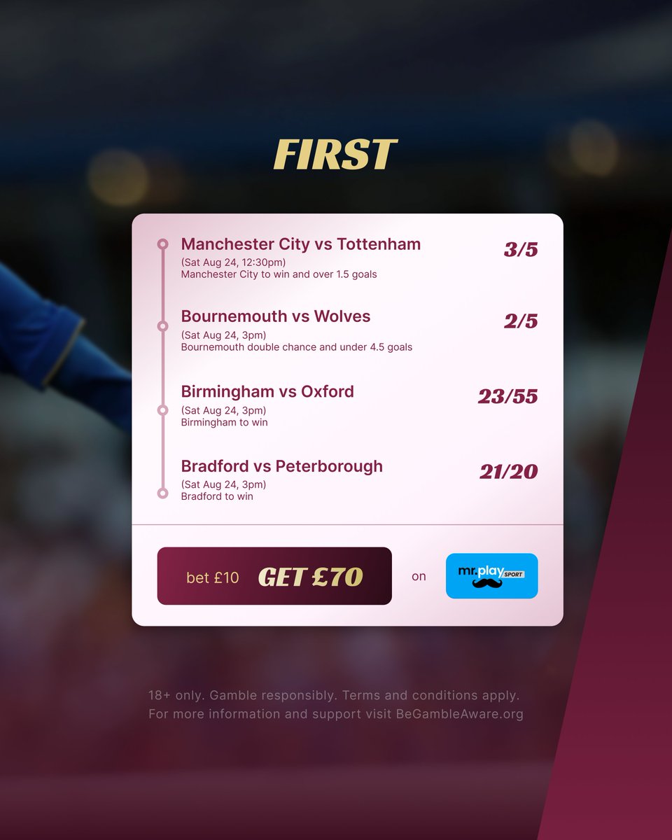 FIRST.com | Casino & Sports Betting Tips (@firstforwins) on Twitter photo Weekend Acca PL (GW2) & EFL
<a href="/jameswalters6/">James Walters</a> got PL & EFL action lined up, including Manchester City vs Tottenham in the feature match.
Here’s our 4-fold for Saturday 👇
first.com/sports-betting…
#PremierLeague #EFL #FootballTips Weekend Acca PL (GW2) & EFL
<a href="/jameswalters6/">James Walters</a> got PL & EFL action lined up, including Manchester City vs Tottenham in the feature match.
Here’s our 4-fold for Saturday 👇
first.com/sports-betting…
#PremierLeague #EFL #FootballTips