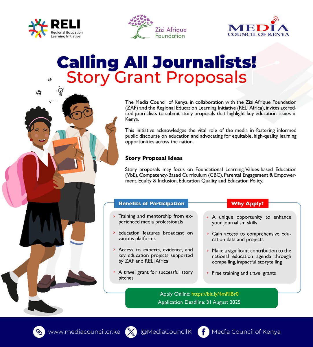 🚨CALL FOR STORY GRANTS! 🚨

Are you a journalist reporting on education in Kenya? 
Submit your proposal for Training and Travel grants

🗓 Deadline: 31st August 2025
👉 Apply here: rb.gy/pmpnkk
#StoryGrants