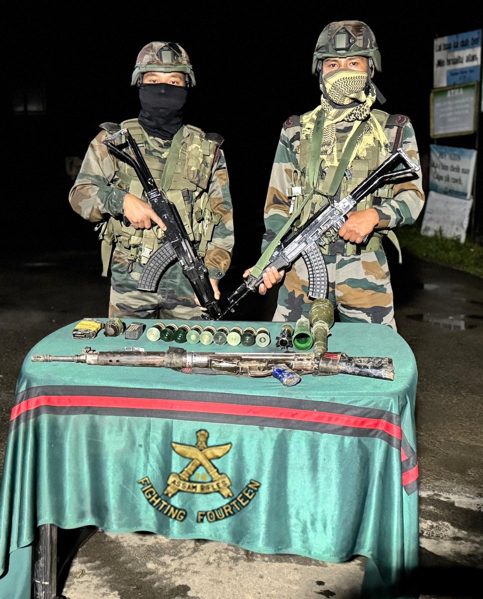 ASSAM RIFLES RECOVERS WEAPON, AMMUNITION AND WAR LIKE STORES IN MIZORAM
#AssamRifles recovered one Heckler and Koch G3 Assault Rifle, one Magazine, nine 40mm Grenades, one Thermobaric RPG Grenade, one Hand Grenade, one Under Barrel Grenade Launcher and 36 rounds of .22 ammunition