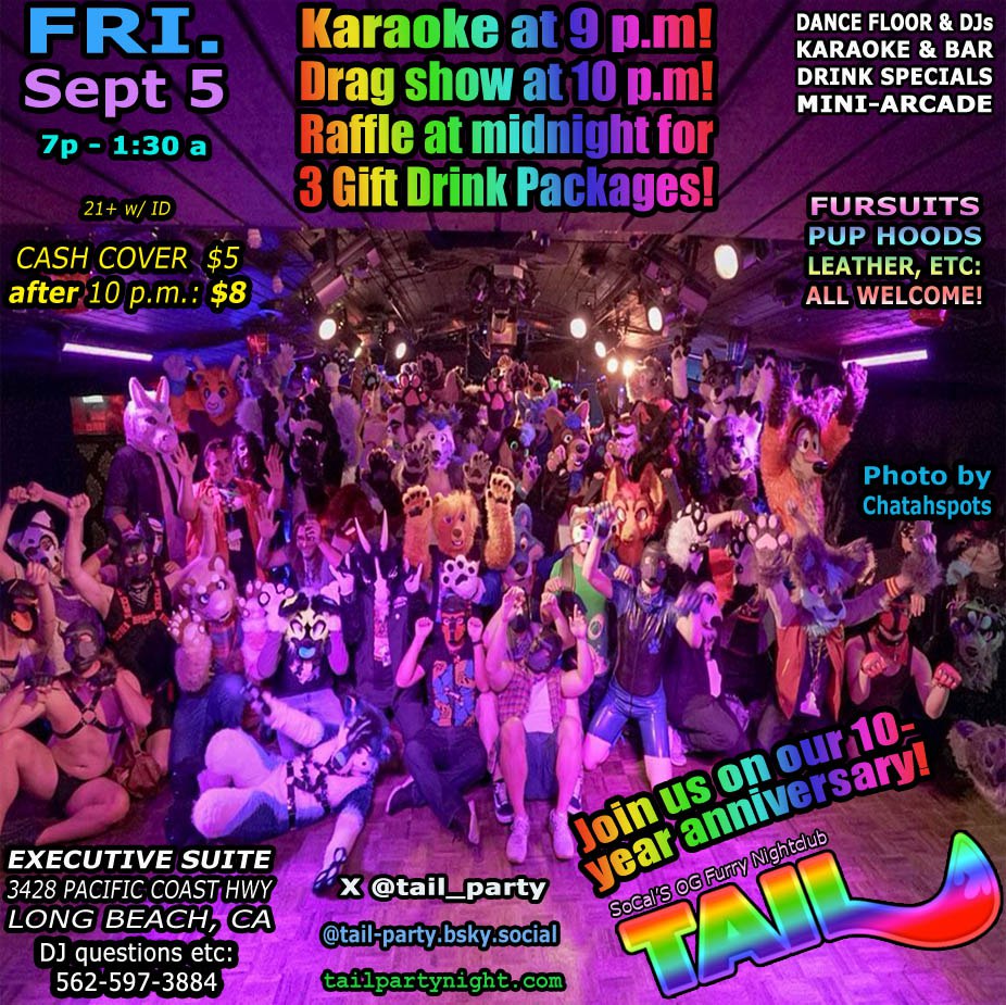 Thanks to EVERYONE in the photo and who has supported us an entire decade! Come join us September 5 for fun!
#FursuitFriday