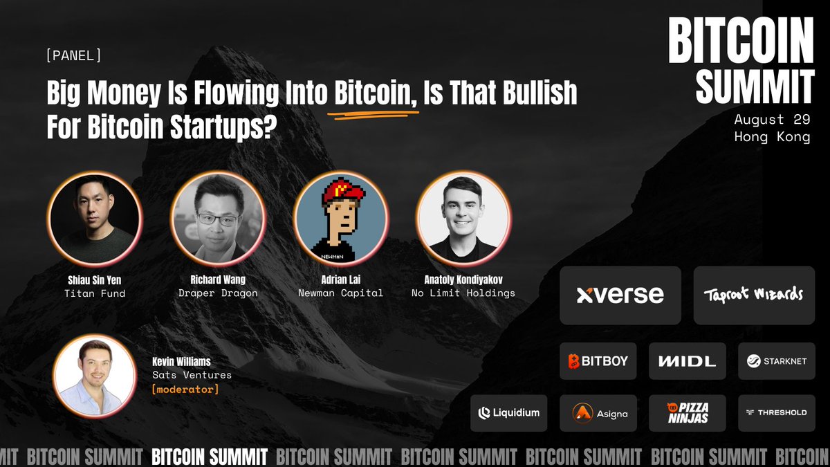 Rockstar VC panel at <a href="/btc_summit/">Bitcoin Summit</a> next week!

<a href="/oneyenonly/">Yen</a>, Titan Fund
<a href="/Richard88488054/">Richard Wang@DraperDragon Fund</a>, Draper Dragon
<a href="/adriannewman21/">Adrian</a>, Newman Capital
<a href="/tolycrypto/">Anatoly K</a>, No Limit Holdings

Moderated by <a href="/KevinWilliams/">Kevin Williams</a>, Sats Ventures

You can still grab a ticket below 👇