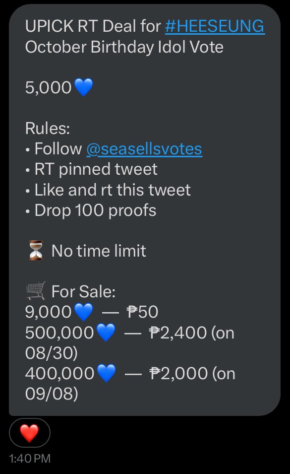 𝒋ade ✩ (@wonaerin) on Twitter photo UPICK RT Deal for #HEESEUNG
October Birthday Idol Vote
5,000💙
Rules:
• Follow <a href="/seasellsvotes/">seasellsvotes 🌊</a>
• RT pinned tweet
• Like and rt this tweet
• Drop 100 proofs
⏳ No time limit
🛒 For Sale:
9,000💙 — ₱50
500,000💙 — ₱2,400 (on 08/30)
400,000💙 — ₱2,000 (on 09/08) UPICK RT Deal for #HEESEUNG
October Birthday Idol Vote
5,000💙
Rules:
• Follow <a href="/seasellsvotes/">seasellsvotes 🌊</a>
• RT pinned tweet
• Like and rt this tweet
• Drop 100 proofs
⏳ No time limit
🛒 For Sale:
9,000💙 — ₱50
500,000💙 — ₱2,400 (on 08/30)
400,000💙 — ₱2,000 (on 09/08)