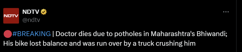 Venkatesh Alla (@venkat_fin9) on Twitter photo A doctor dies on Maharashtra’s roads, crushed by potholes. State & Central Govts have no money for roads, only for buying votes with freebies.
Development funds = diverted to politics.
Citizens = left to die on broken roads.
<a href="/FinMinIndia/">Ministry of Finance</a> → Obsessed with Revenue
<a href="/PetroleumMin/">Ministry of Petroleum and Natural Gas #MoPNG</a> A doctor dies on Maharashtra’s roads, crushed by potholes. State & Central Govts have no money for roads, only for buying votes with freebies.
Development funds = diverted to politics.
Citizens = left to die on broken roads.
<a href="/FinMinIndia/">Ministry of Finance</a> → Obsessed with Revenue
<a href="/PetroleumMin/">Ministry of Petroleum and Natural Gas #MoPNG</a>